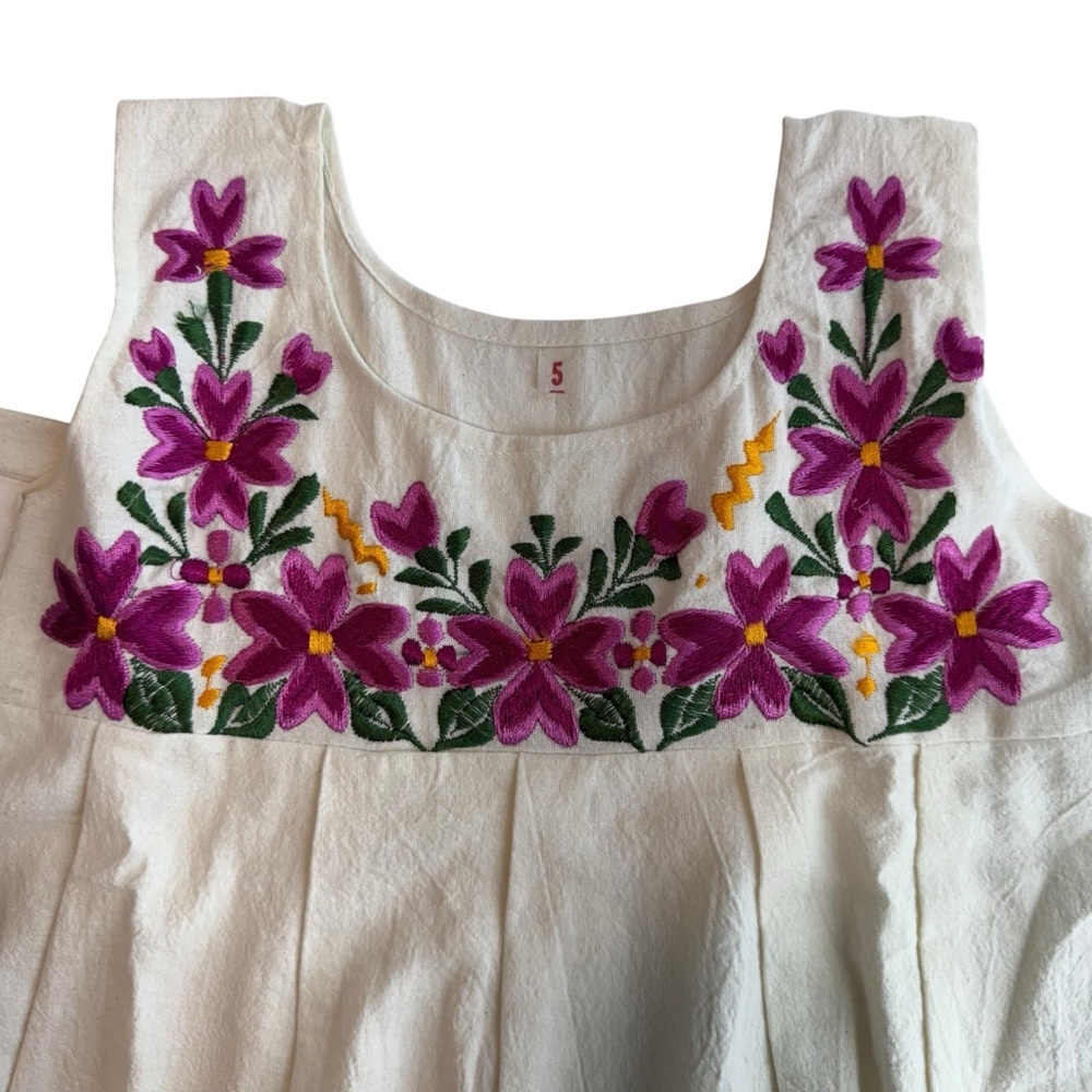 Boho Mexican Embroidered Dress 5 Floral Cottagecore Festival Sleeveless Hamdmade - Picture 5 of 8